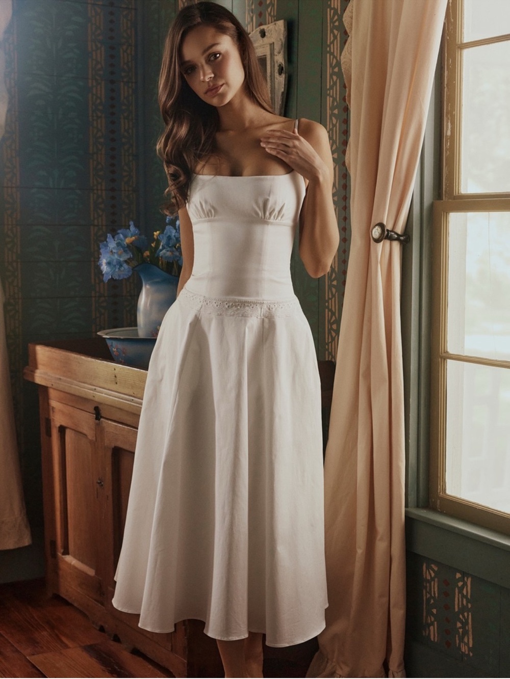 House of CB Liora White Cotton Broderie Anglaise Trim Midi Sundress M